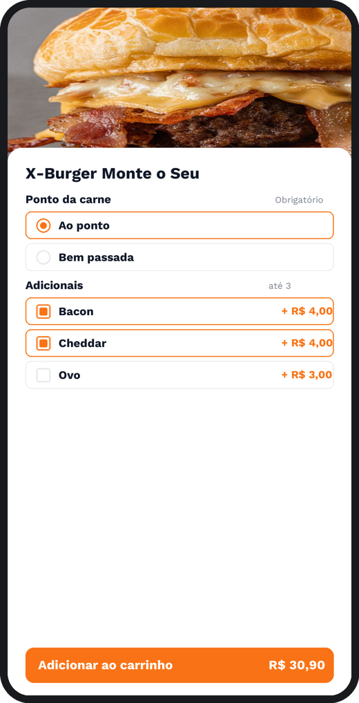 Tela do app: Adicionais e Opções