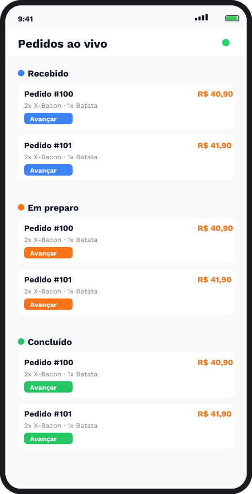 Tela do app: Painel de Pedidos ao Vivo