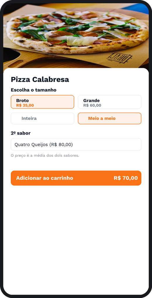 Tela do app: Modo Pizzaria (meio a meio)